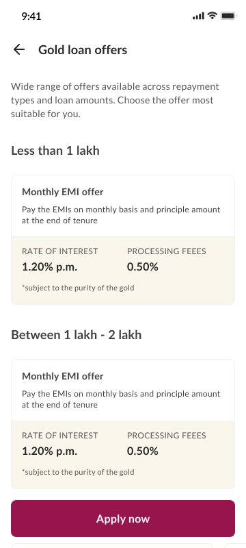 Gold loan offers screen, browsable by loan amount range